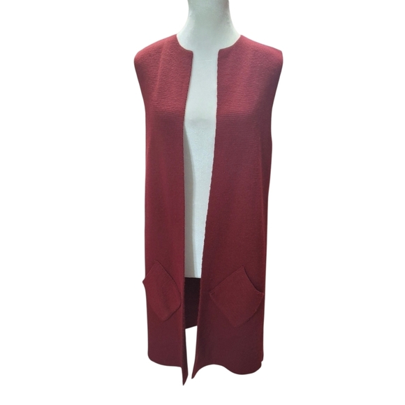 cocogio Sweaters - Cocogio Open-Front Sleeveless Pocket Merino Wool Maroon Long Vest Sweater Medium